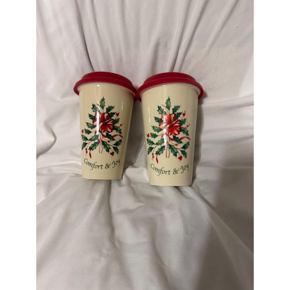 Lenox Comfort & Joy Holiday Travel Mug Set of 2 Ceramic Christmas Holly Tumblers